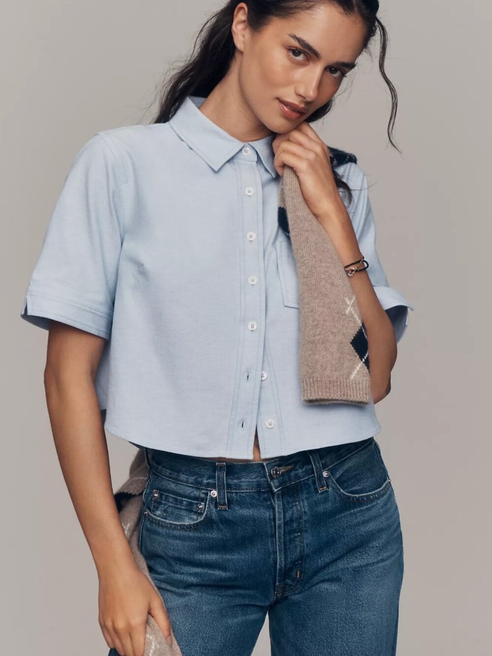 Maeve Merritt Short-Sleeve Cropped Buttondown Shirt, Blue, Size Small